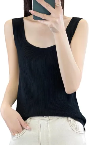 Wvapzxx Women's Summer U-Neck Knitted Camisole Tank Top Solid Color High Elastic Slim Fit Underwear Black