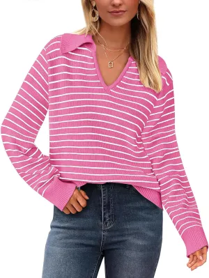 Yousify Womens Sweaters 2024 V Neck Long Sleeve Striped Tops Fall Winter Comfy Knit Clothes Pullover Sweater S-2XL