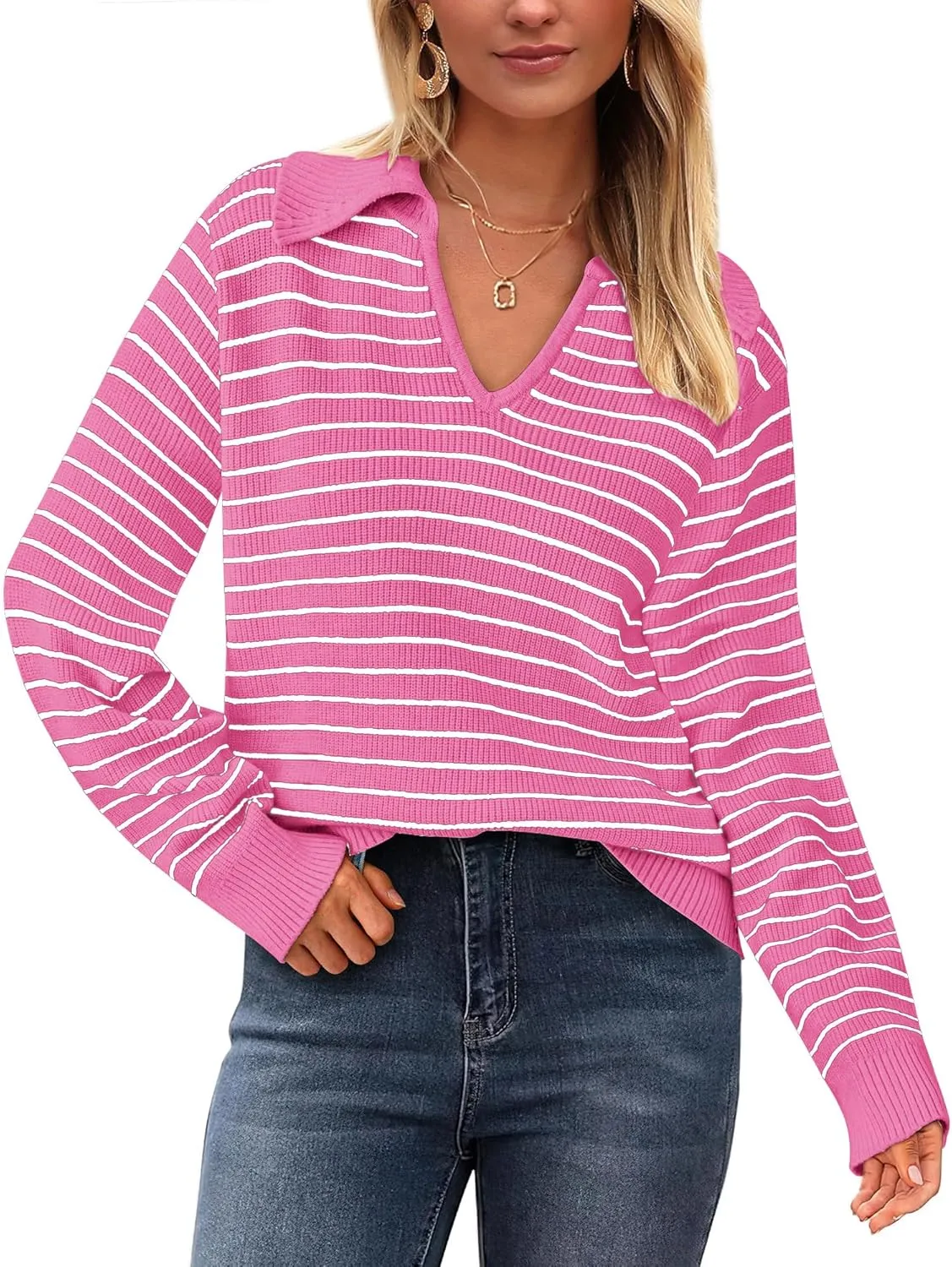 Yousify Womens Sweaters 2024 V Neck Long Sleeve Striped Tops Fall Winter Comfy Knit Clothes Pullover Sweater S-2XL
