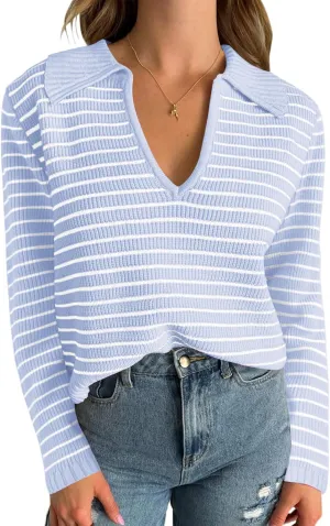 Yousify Womens Sweaters 2024 V Neck Long Sleeve Striped Tops Fall Winter Comfy Knit Clothes Pullover Sweater S-2XL