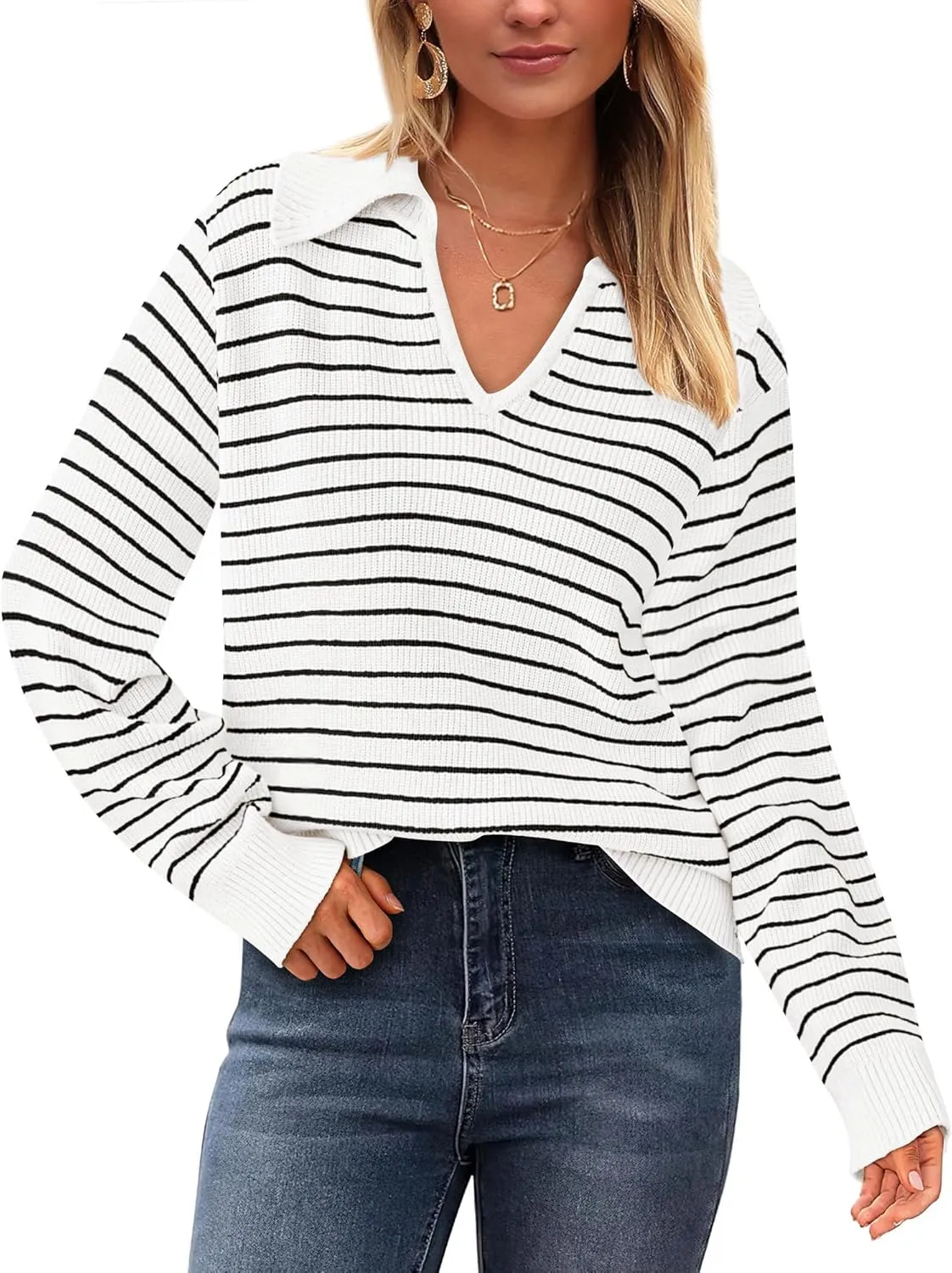 Yousify Womens Sweaters 2024 V Neck Long Sleeve Striped Tops Fall Winter Comfy Knit Clothes Pullover Sweater S-2XL