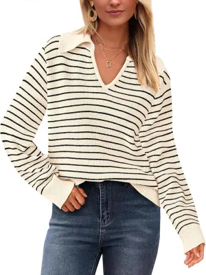 Yousify Womens Sweaters 2024 V Neck Long Sleeve Striped Tops Fall Winter Comfy Knit Clothes Pullover Sweater S-2XL