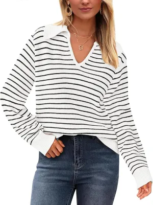 Yousify Womens Sweaters 2024 V Neck Long Sleeve Striped Tops Fall Winter Comfy Knit Clothes Pullover Sweater S-2XL