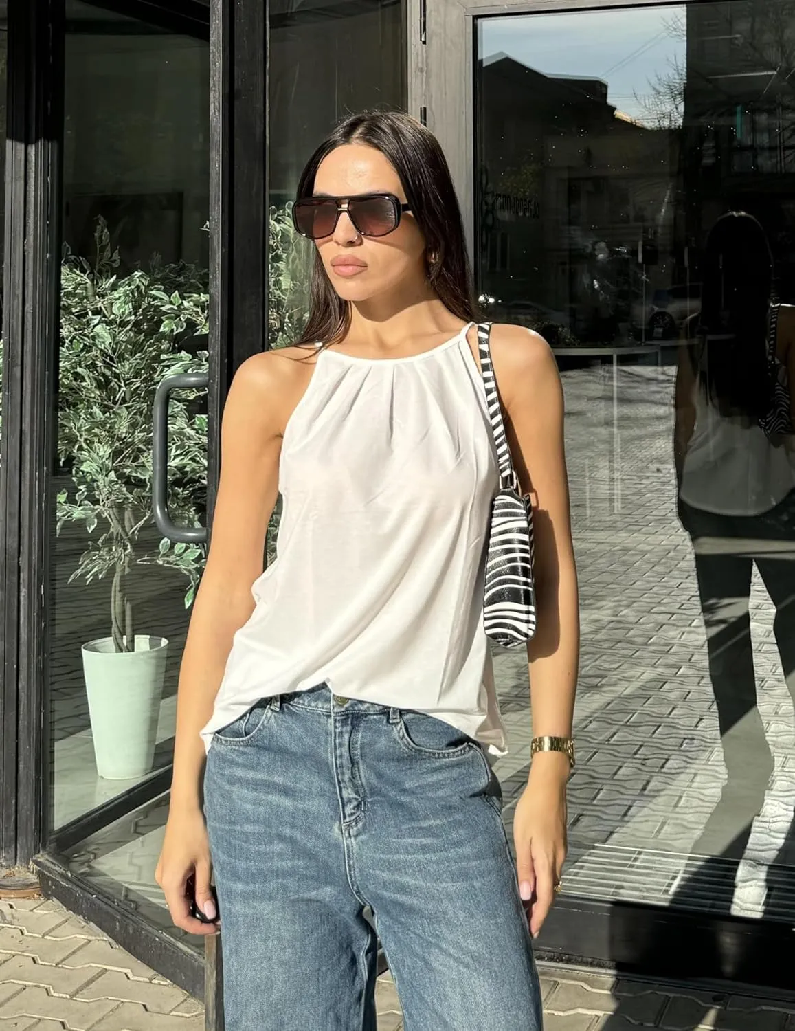 Zeagoo Womens 2025 Halter Neck Tank Tops Casual Sleeveless Pleated Camisole Tops Summer Loose Fit Cami Shirts