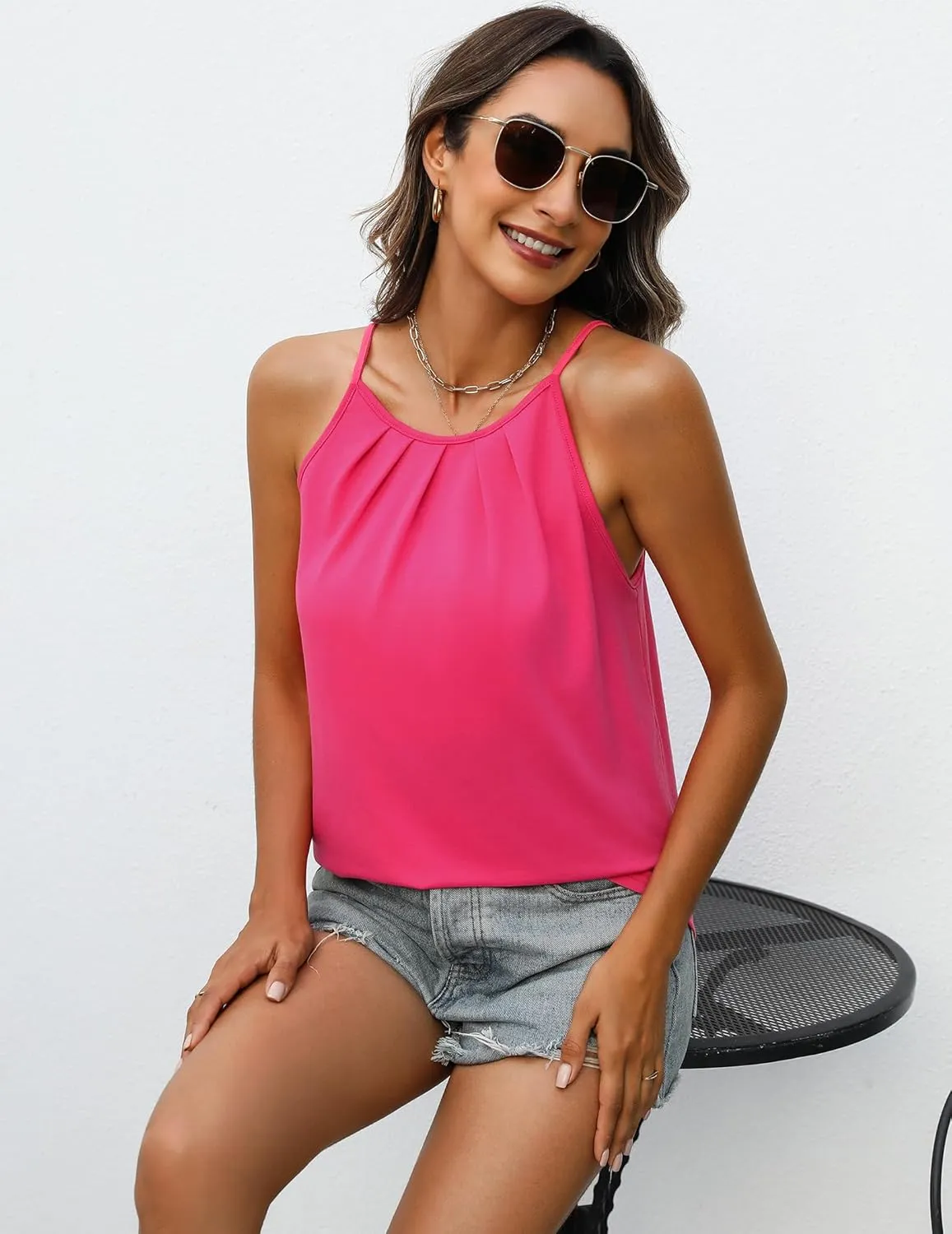 Zeagoo Womens 2025 Halter Neck Tank Tops Casual Sleeveless Pleated Camisole Tops Summer Loose Fit Cami Shirts